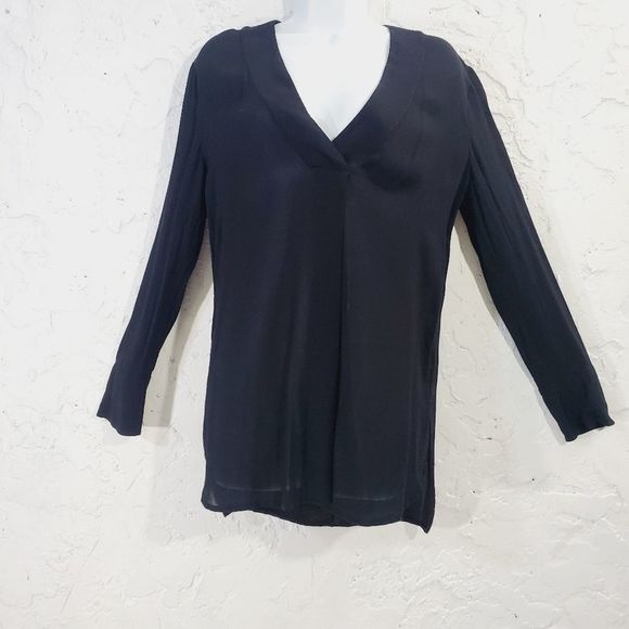 Vince  sheer  V neck Long sleeve  solid black silky blouse size  small - Picture 2 of 15